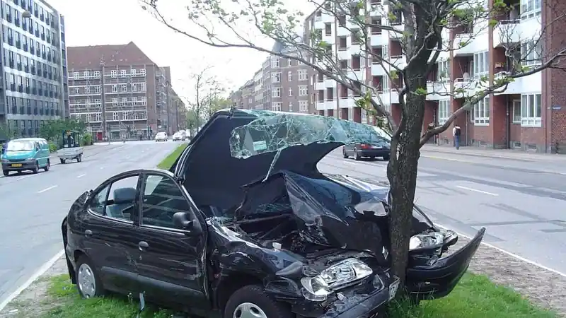 Car with severe front-end damage after hitting a roadside tree — car accident legal guidance in Norwalk, CT
