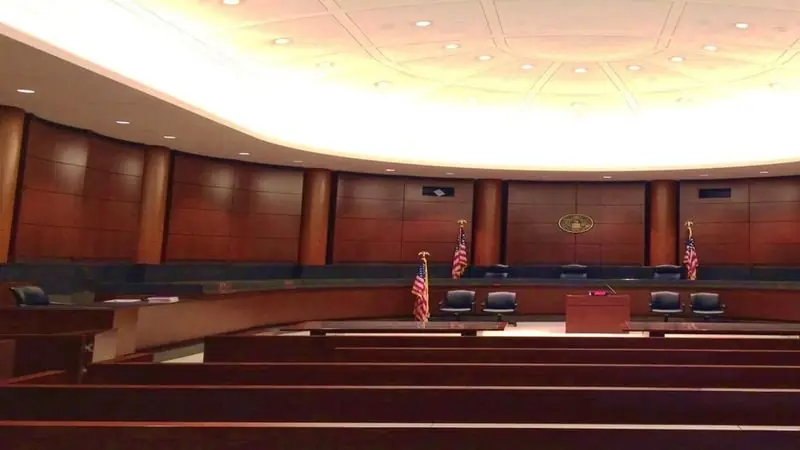 Courtroom with the judge's bench and counsel tables — choosing a car accident lawyer in Bridgeport, CT